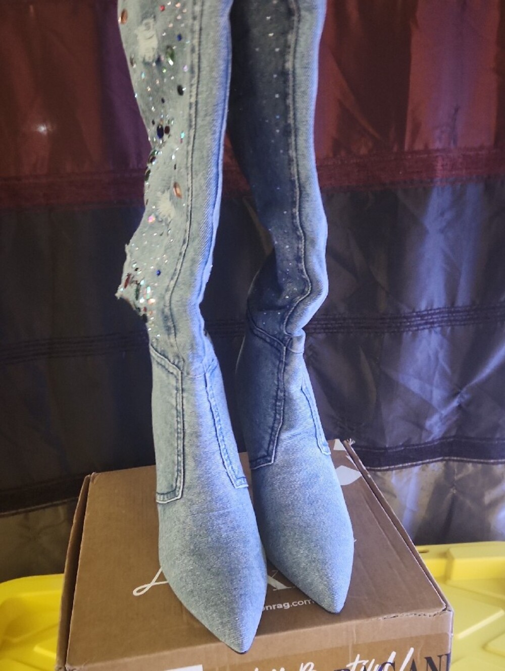 Denim Light Blue Rhinestone Embellished Denim Stiletto Ankle Boots - Picture 3 of 7